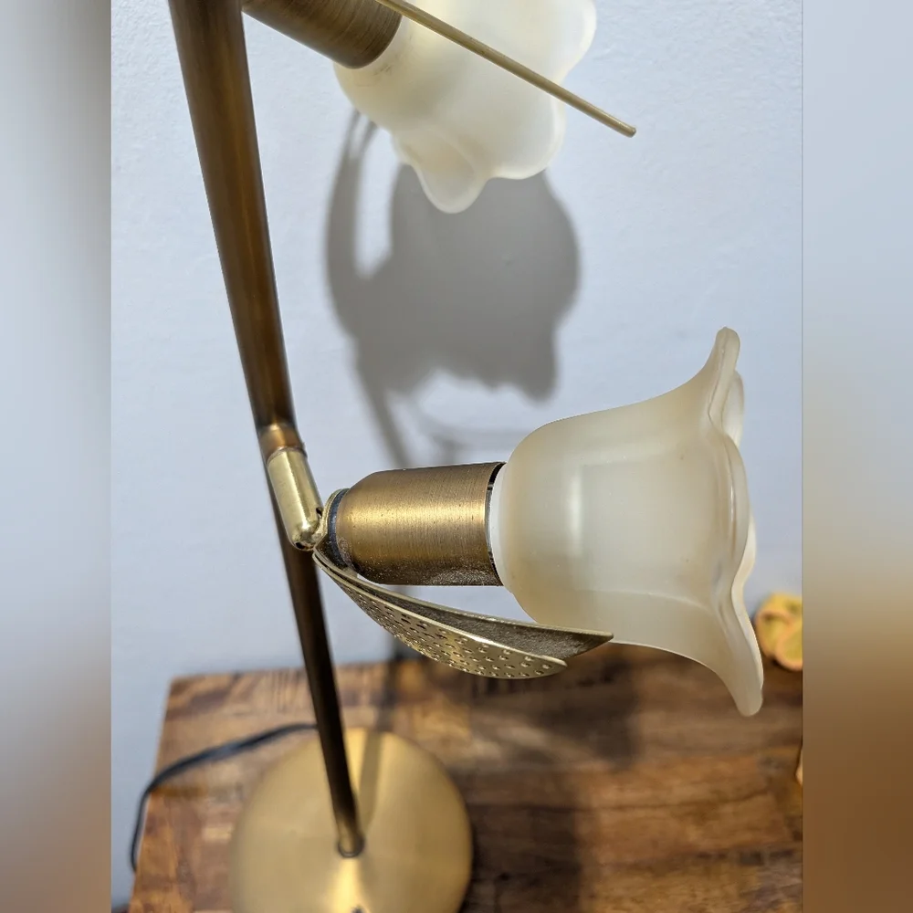 MCM Brass Desk Lamp - 2-Light Goose Neck with Scalloped Glass‎ Shades